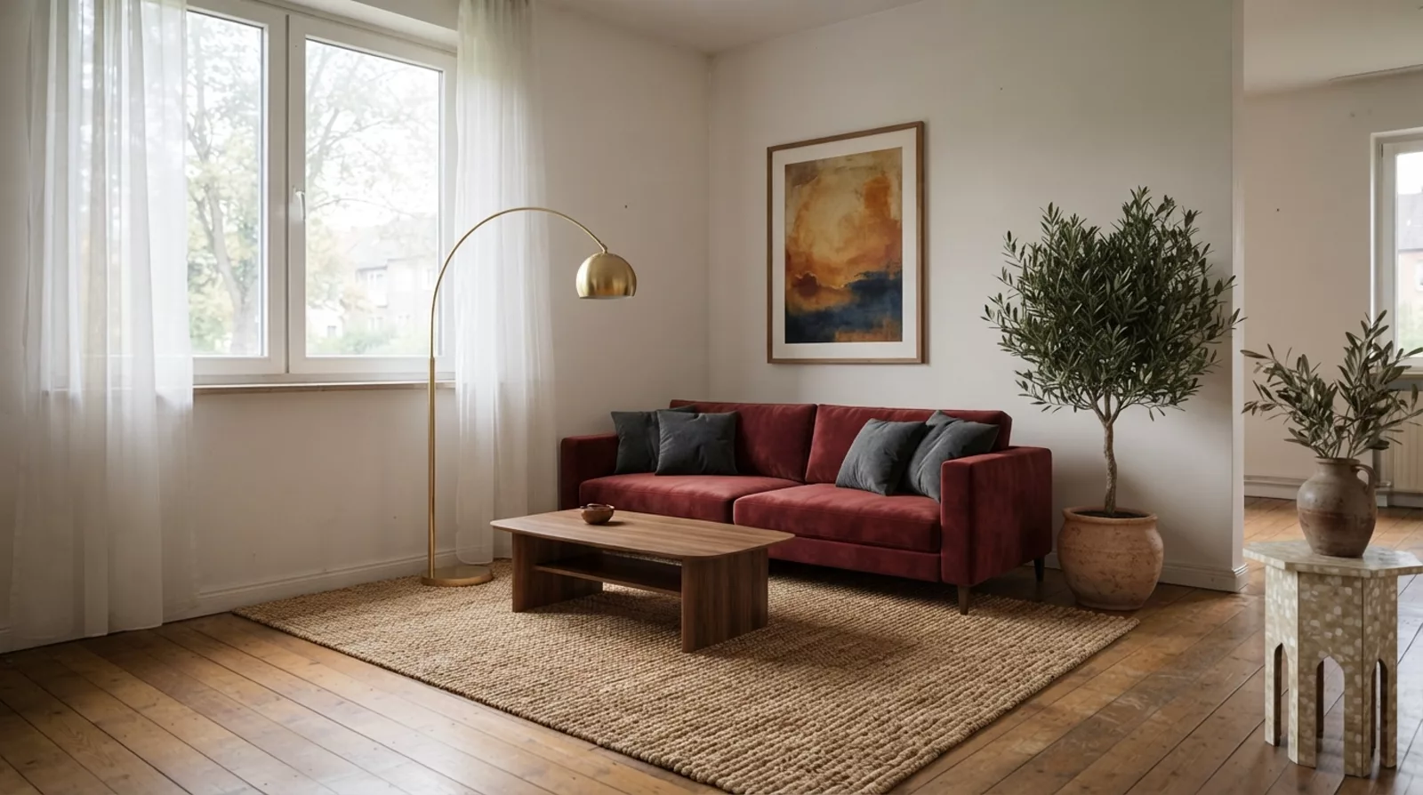 The same living room designed by Ouda, with a red velvet sofa, wood coffee table, brass floor lamp, framed art and a jute rug.
